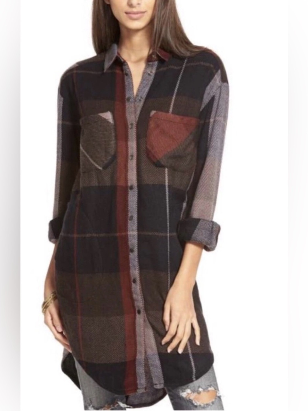 Free People Street Talk Plaid Flannel Shirt Dress Jacket XS Snap Button Front